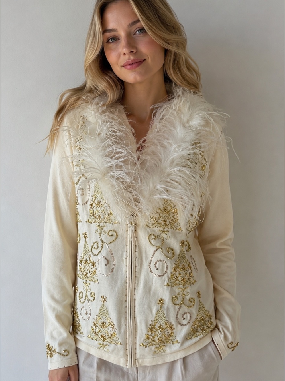 Vintage Just B Embellished Cream Feather-Trim Zip Jacket Size XL Sweater Knitted